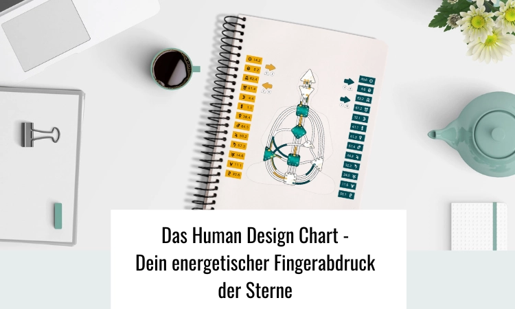 Human Design Chart mit verschiedenen farbigen Formen und Linien, die verschiedene Aspekte der Persönlichkeit und des Energieflusses eines Menschen darstellen