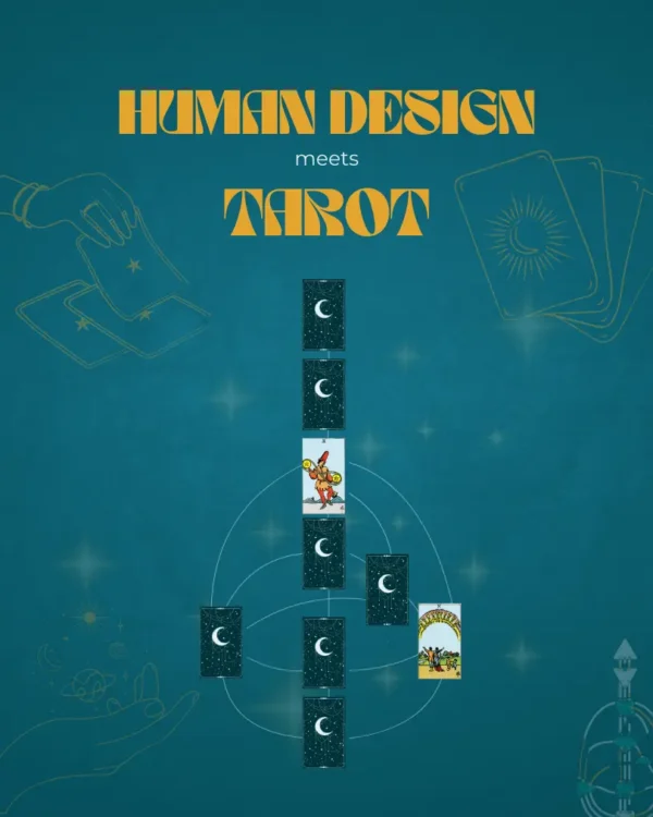 llustration von Human Design und Tarot-Kartenlegung, symbolische Verbindung der beiden Systeme