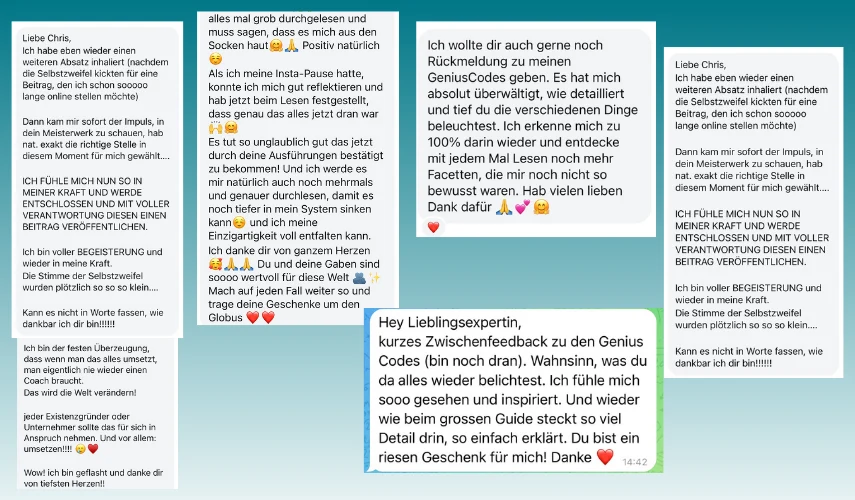 Screenshots von Testimonials und Feedbacks zu den Genius Codes: Positive Erfahrungen und Rückmeldungen von Kunden über das Human Design Reading