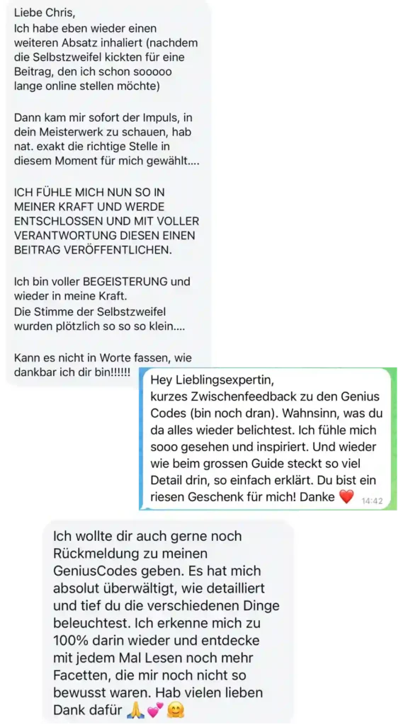 Screenshots von Testimonials und Feedbacks zu den Genius Codes: Positive Erfahrungen und Rückmeldungen von Kunden über das Human Design Reading