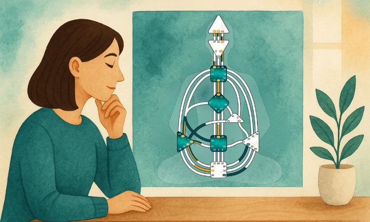 Illustration einer Frau, die ihr Human Design Chart betrachtet – mit Fokus auf die 9 Zentren als energetische Schaltzentralen im Körper