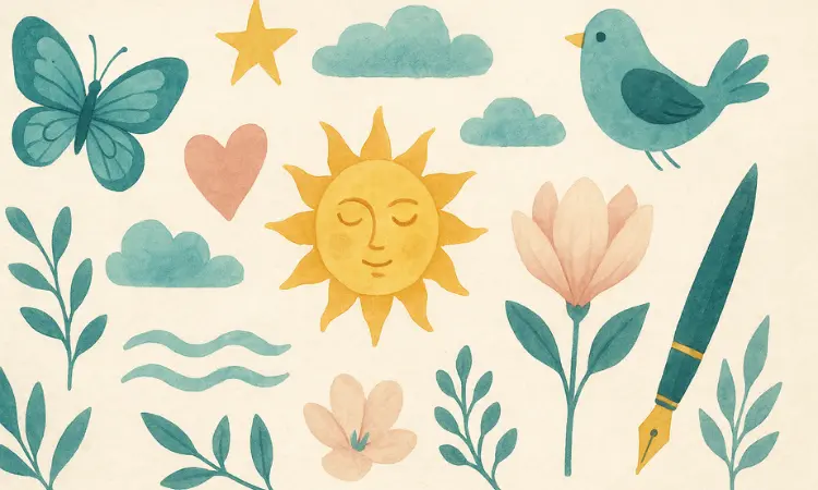 Eine Illustration, von Dingen die mir Freude bereiten im Aquarell-Stil, z.b. Schmetterling, Amsel, Sonne, Magnolie, Ein Füllfederhalter, Natur, Wasser, Sterne