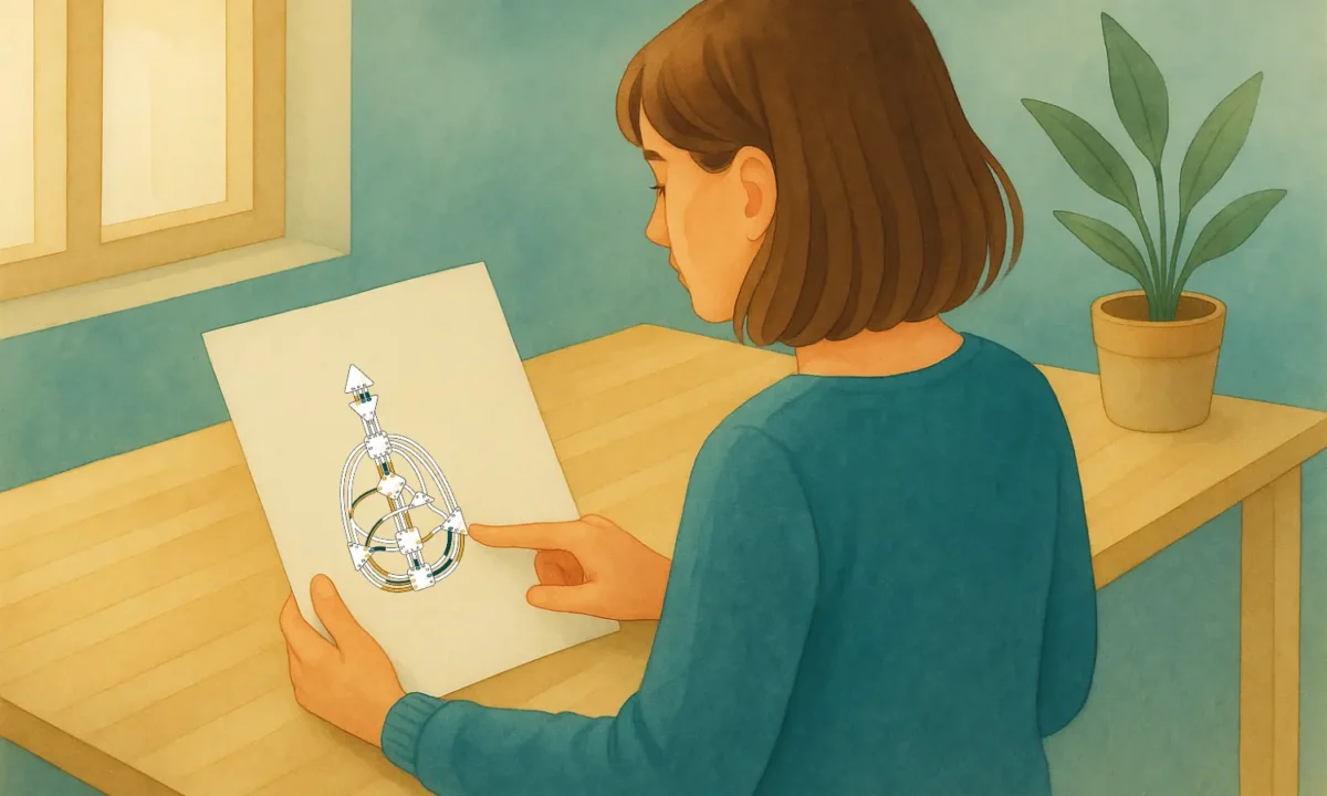 Illustration: Frau in petrolfarbenem Pullover zeigt auf ein undefiniertes Zentrum im Human Design Chart – Symbolbild für offene Zentren im Alltag